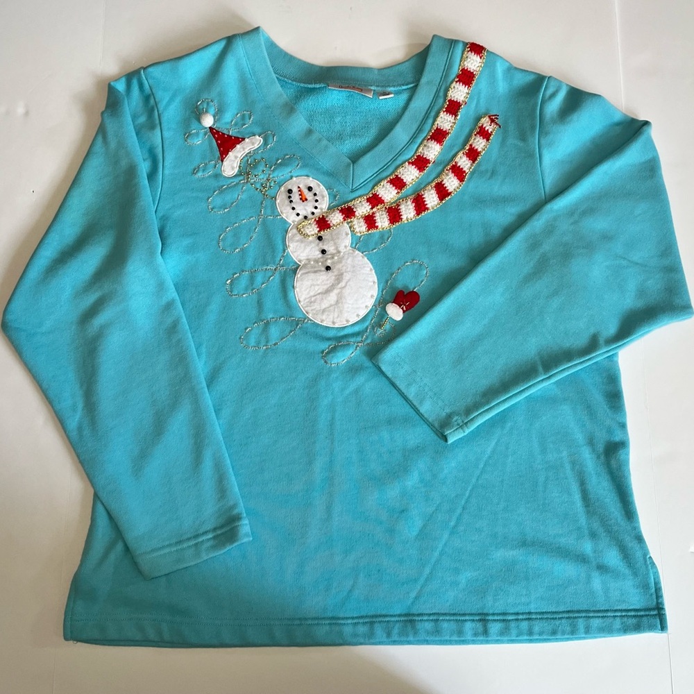 Whimsical Quacker Factory Turquoise Snowman Long-Sleeve Top with Appliqué